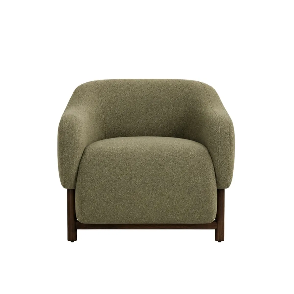 Front view of a sage green rounded accent chair with dark wood legs