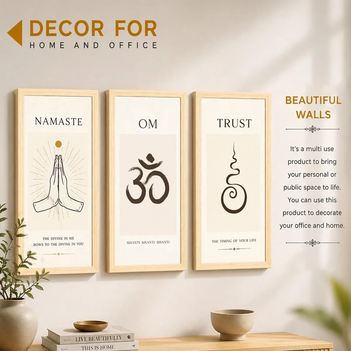 Three framed Namaste, Om and Trust wall paintings displayed in a modern room