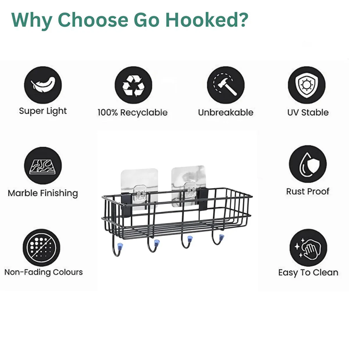 Black metal shelf with hooks and adhesive mounts shown with feature icons