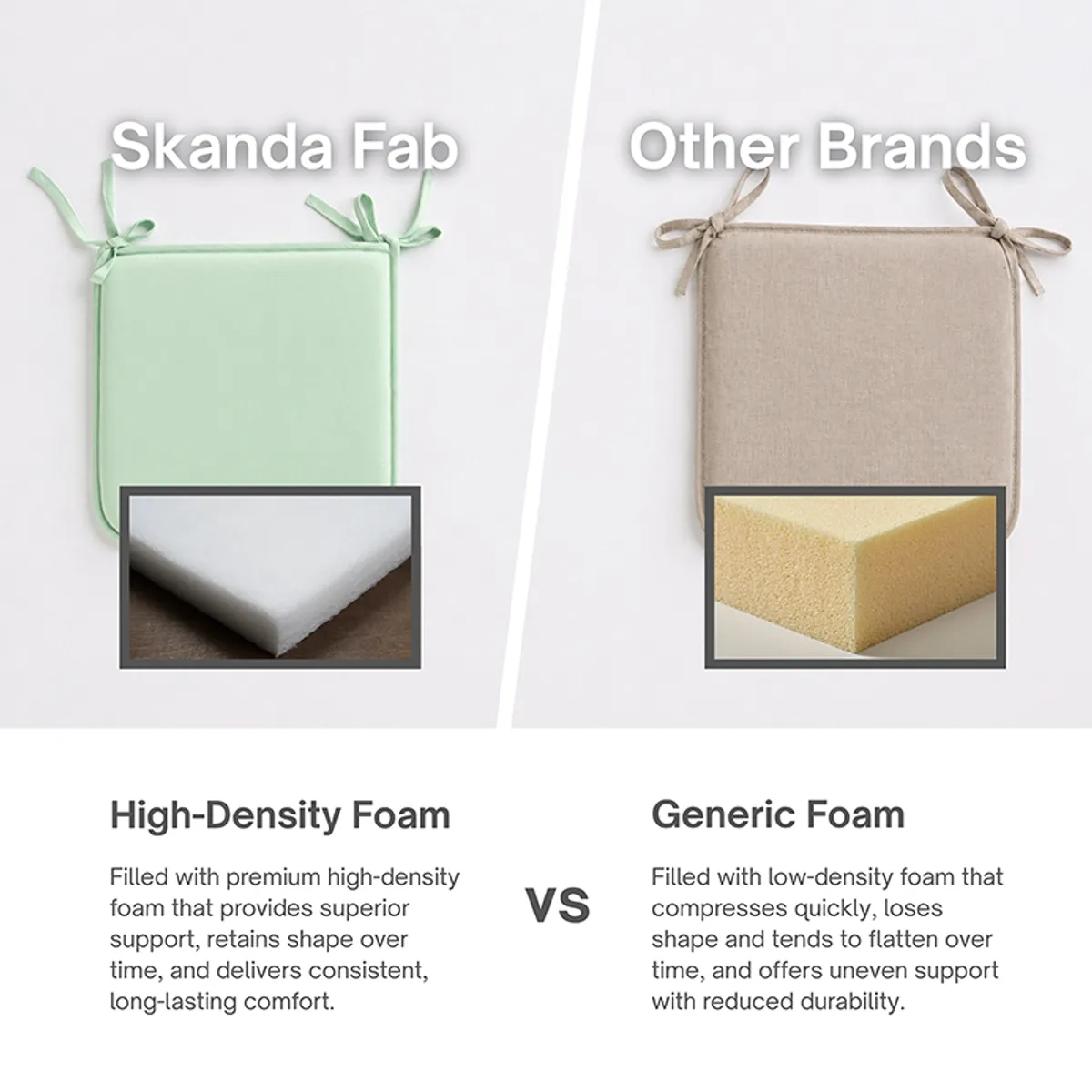 Comparison image showing a sage green chair pad and another beige chair pad