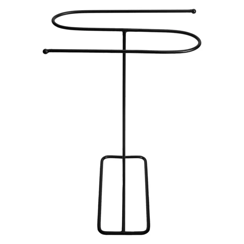 Front view of the black iron towel hanger with two horizontal towel rails