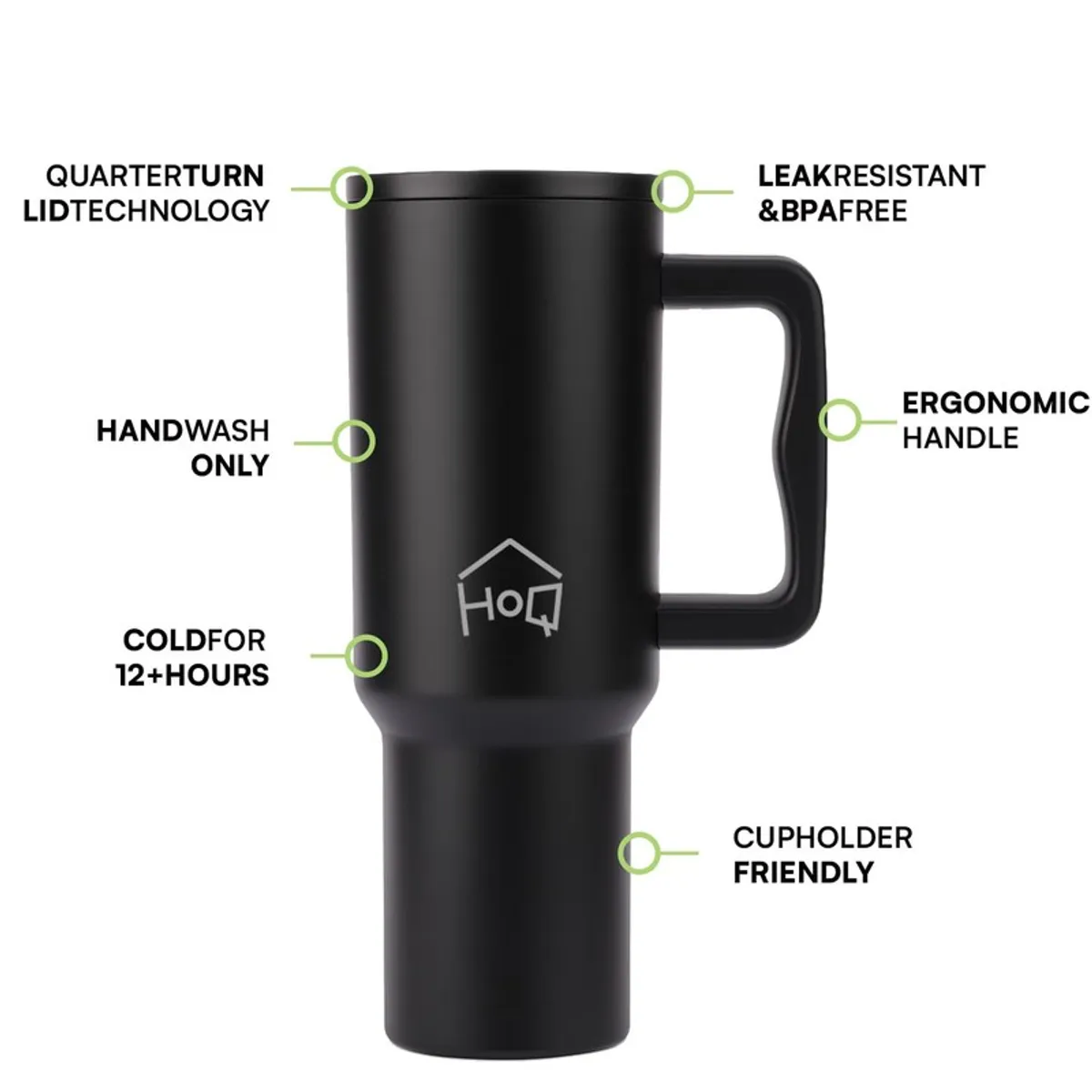 Black tumbler with handle and lid shown with feature callouts