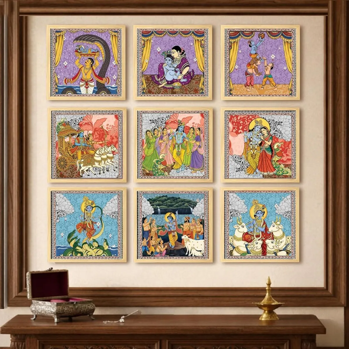 Nine Krishna scene paintings arranged on a wall within a large wooden frame