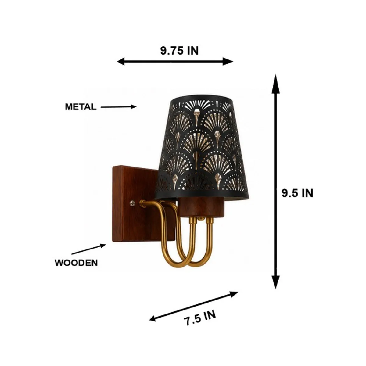 Black metal wall lamp shown with a visible wood mount and gold-toned arms.