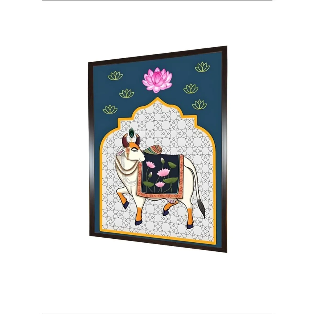 Angled view of rectangular framed cow motif canvas wall painting