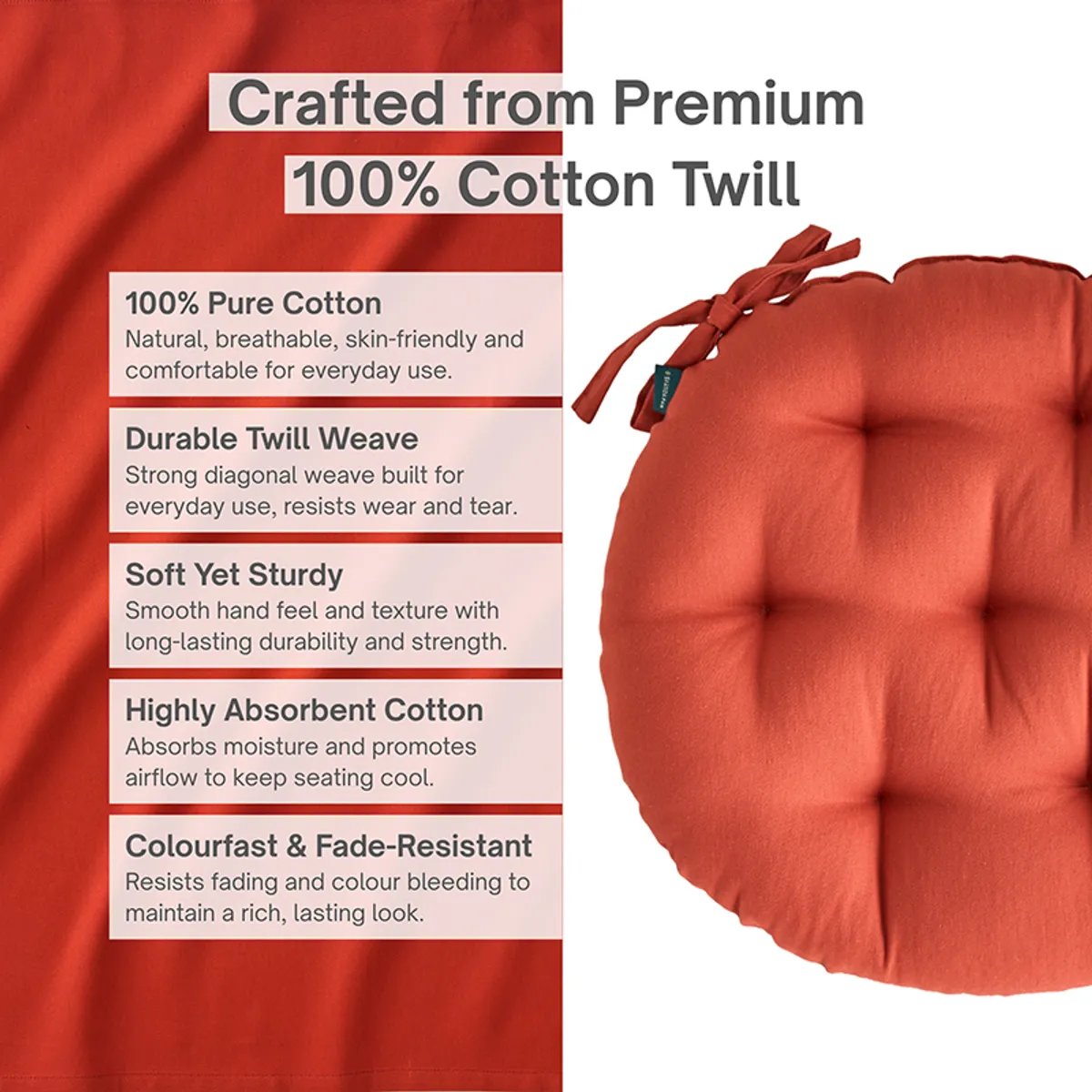 Close view of a round terracotta brown tufted chair pad with tie-up ties