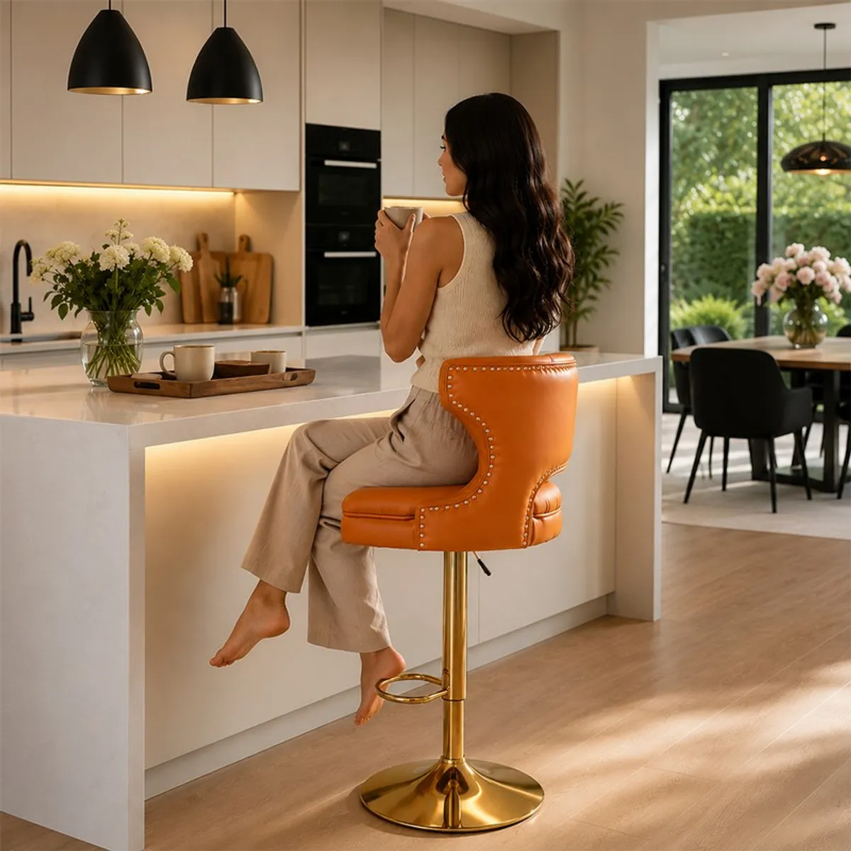 Person seated on an orange swivel bar stool at a kitchen island
