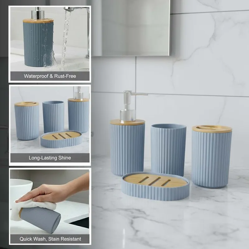 Grey soap dispenser and bathroom accessories shown with water and cleaning cloth