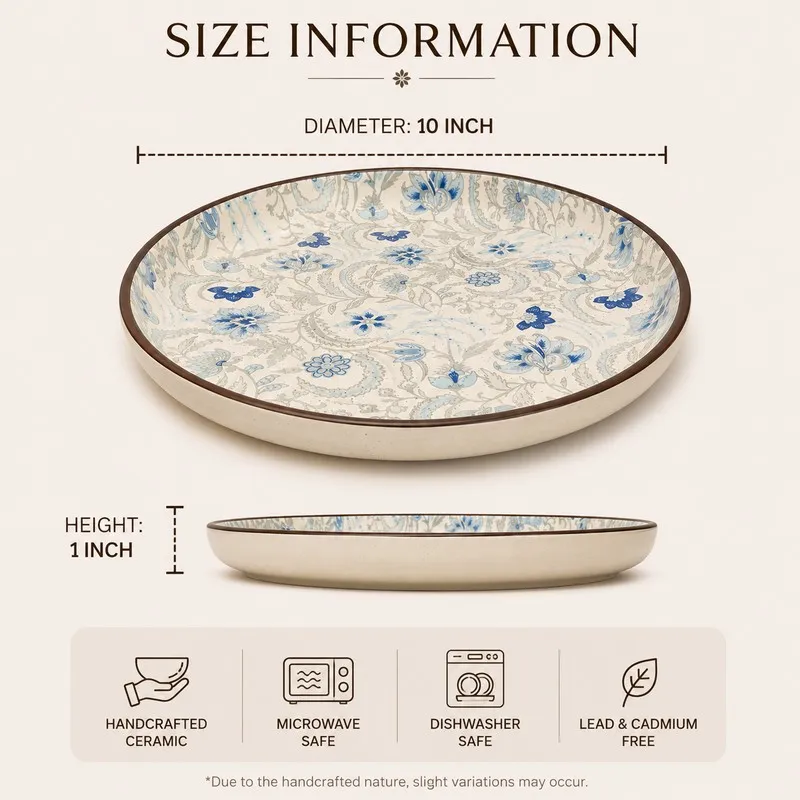 Round patterned plate shown with printed size and care icons