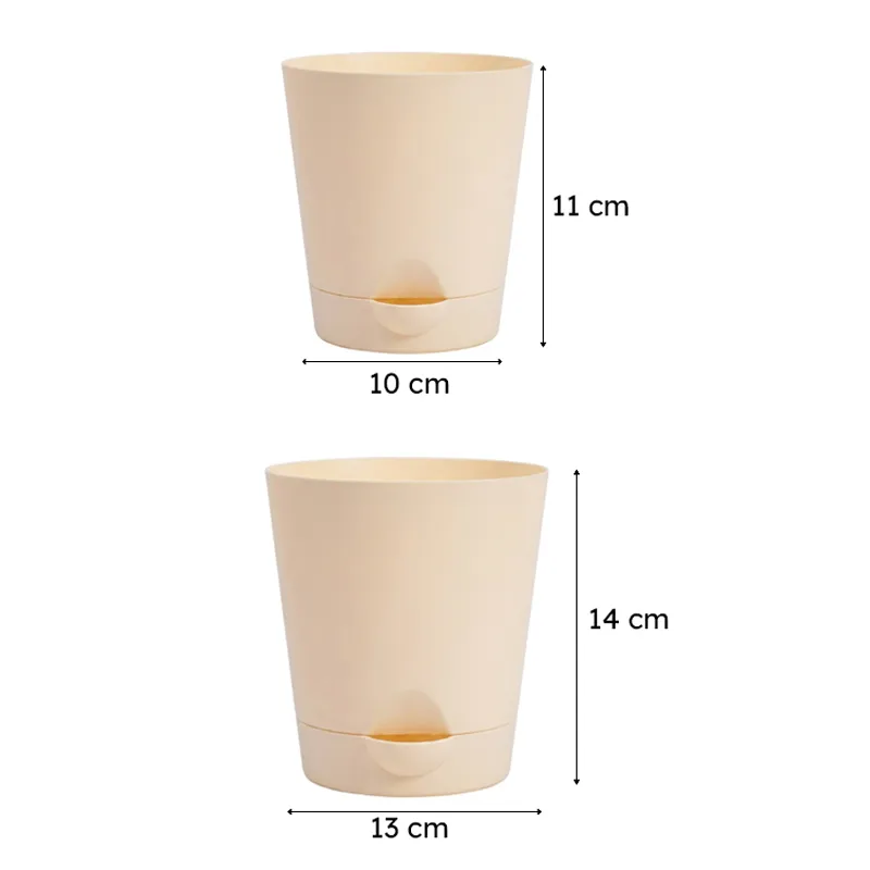 Two peach planters shown with printed size measurements