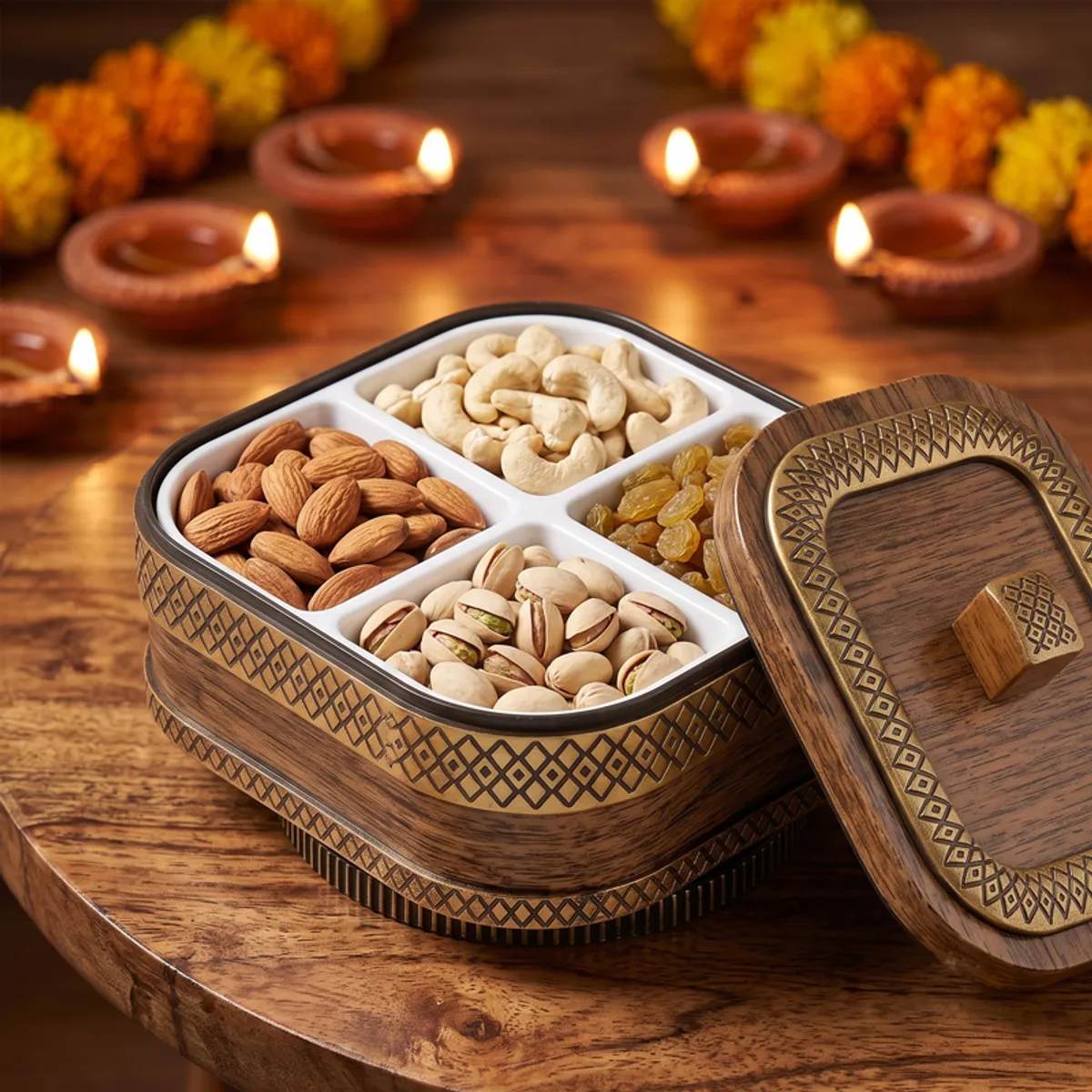 Open brown and gold masala box with assorted dry fruits and its lid beside it