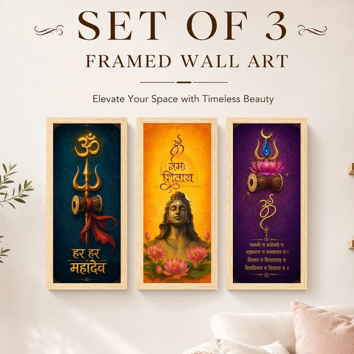 Three framed Mahadev wall artworks displayed above a console table