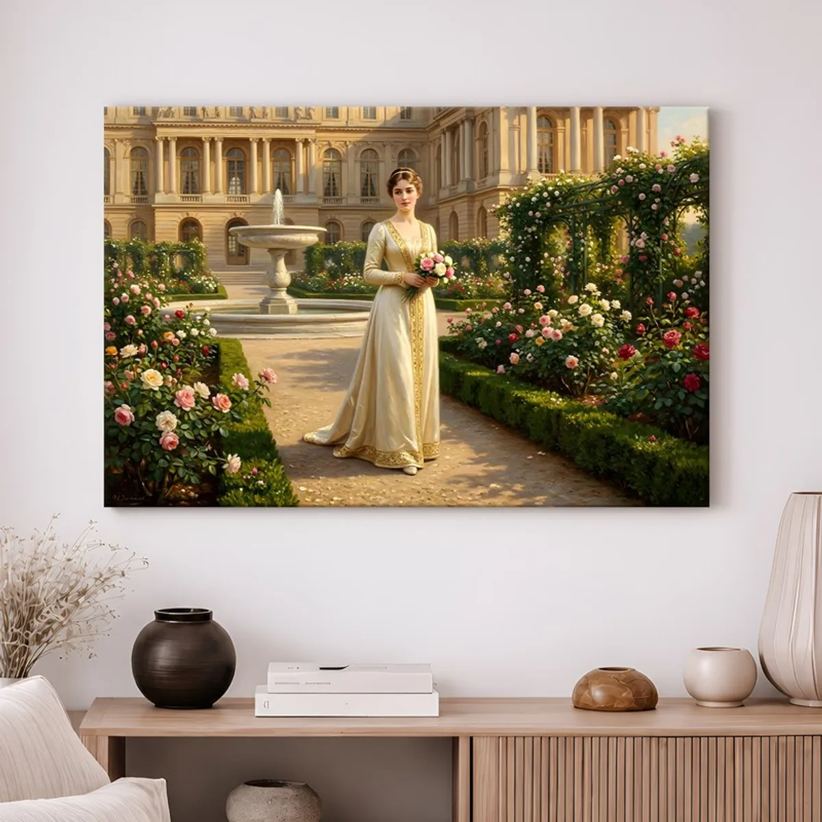 Large canvas wall art of a woman with flowers in a European garden styled above a wooden sideboard.