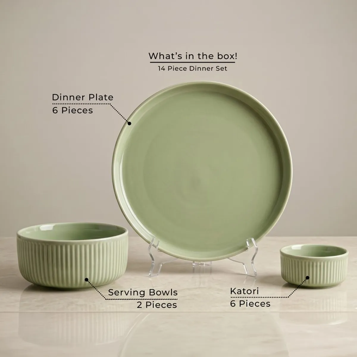 Sage green plate with matching serving bowl and snack bowl from the dinner set