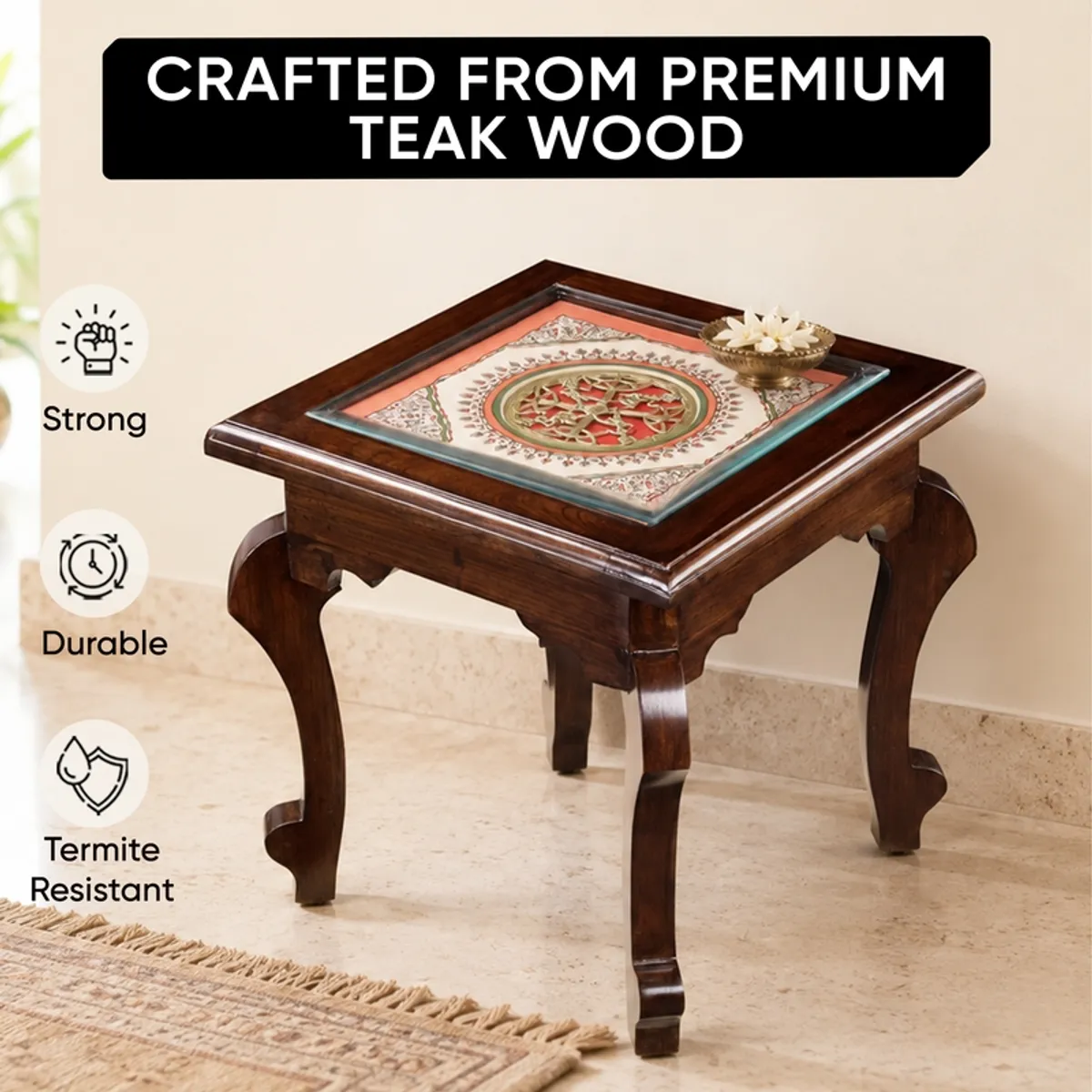 Square teak wood side table with decorative top inset