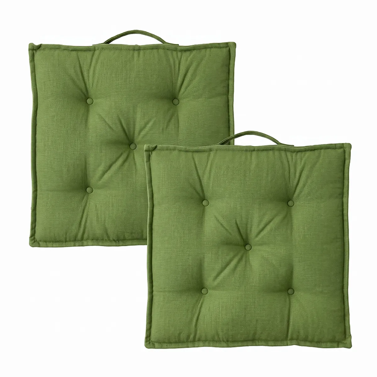 Set of two green square floor cushions with tufted centres on a white background