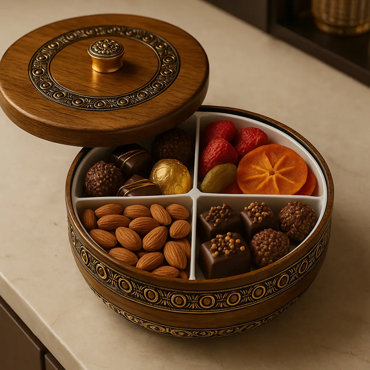 Open brown and gold masala box displaying almonds, sweets and dried fruit