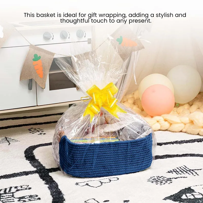 Blue storage basket used as a gift hamper wrapped in clear cellophane