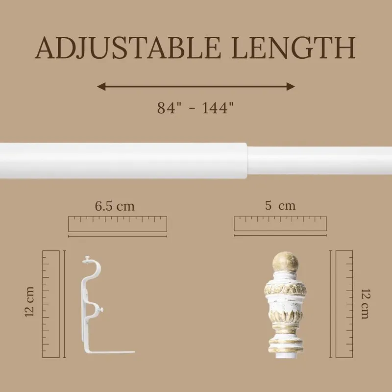Extendable white curtain rod with urn finial and bracket shown in a size graphic