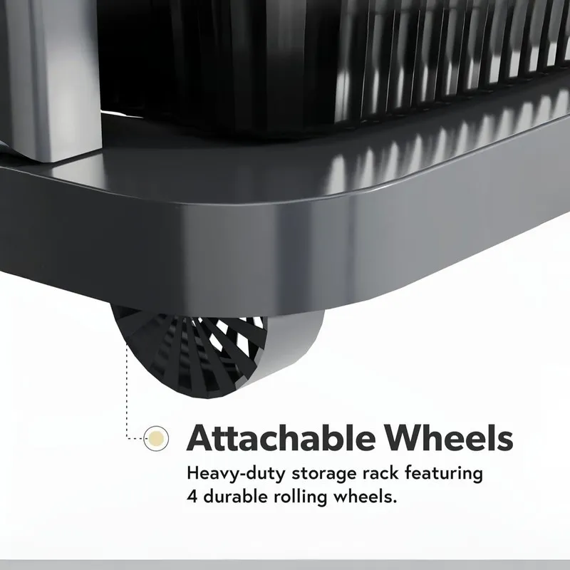 Close-up view of a rack wheel beneath the dark organiser frame.