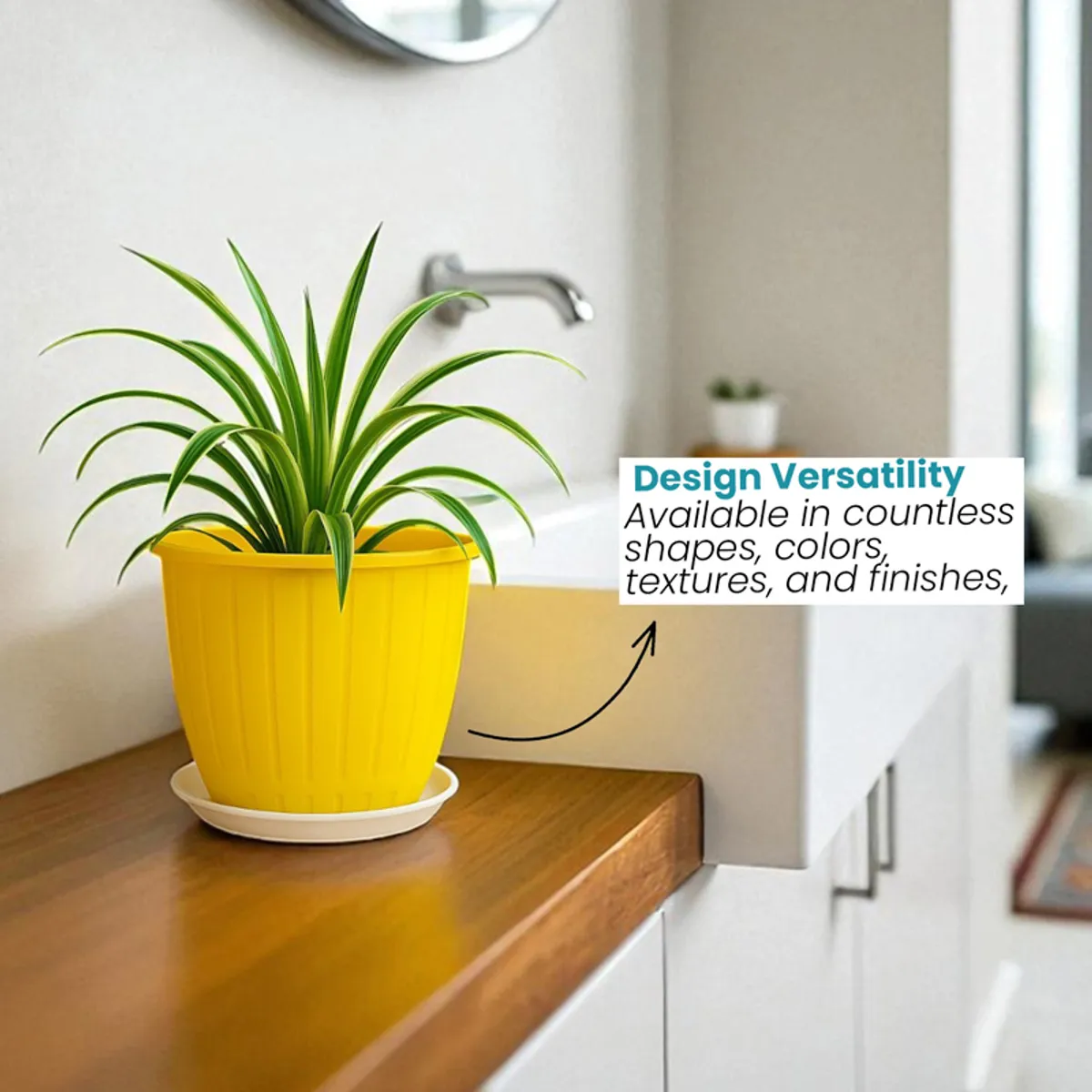 Yellow planter shown beside a kitchen counter with a houseplant