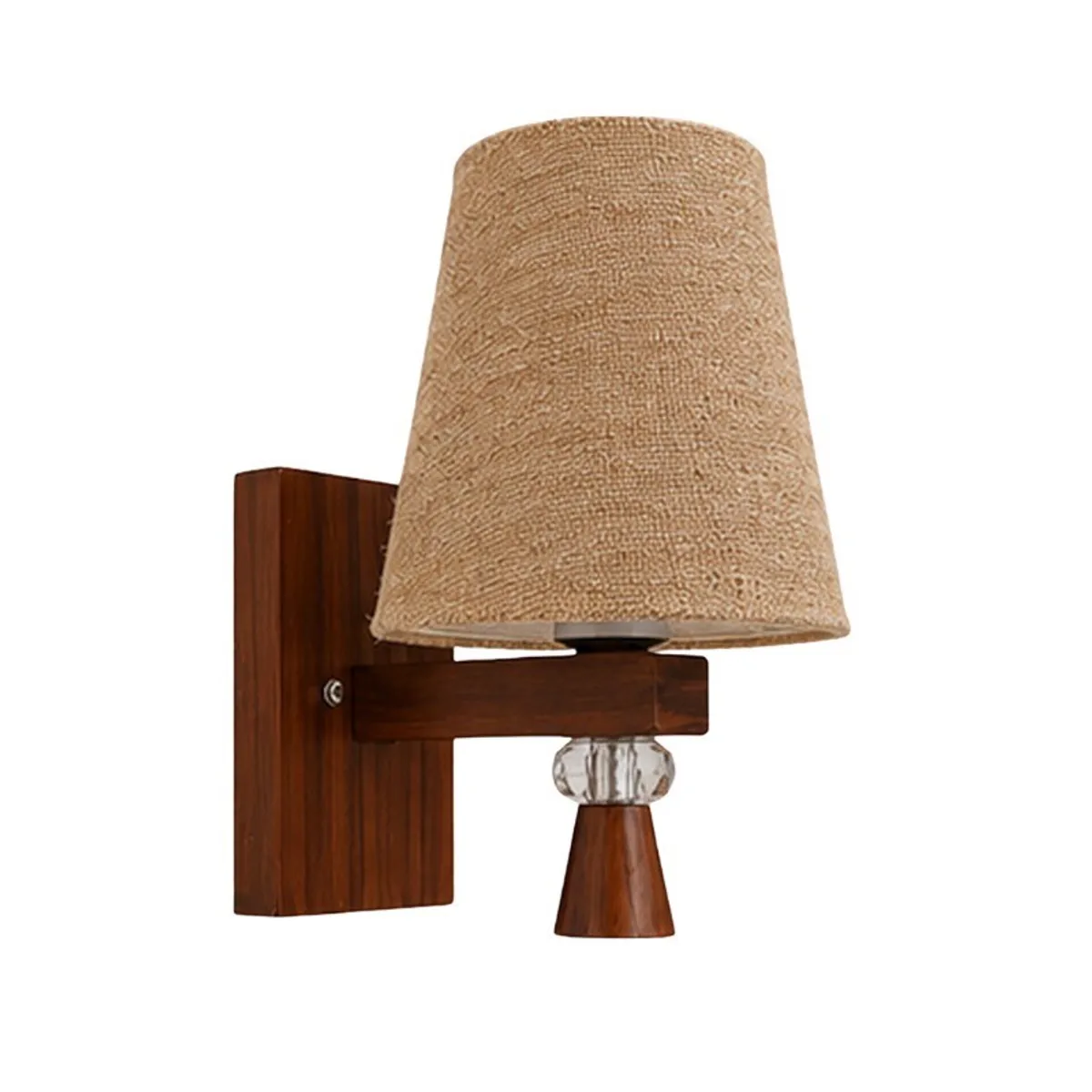 Front view of a brown wood wall lamp with a natural jute shade.