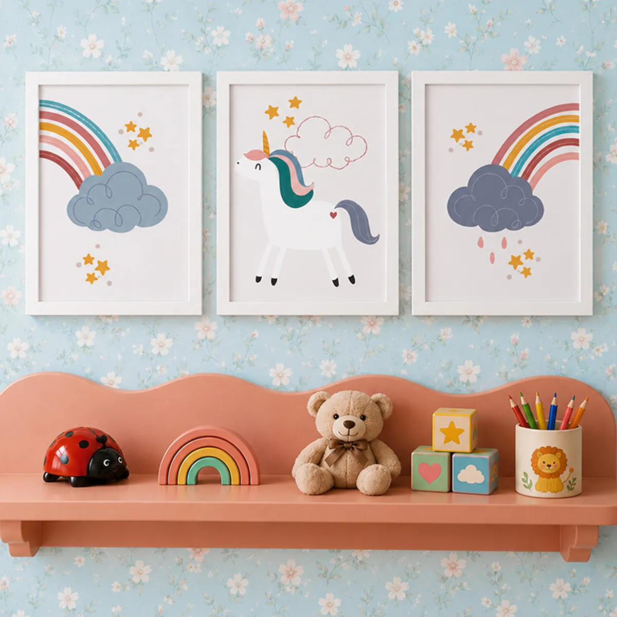 Three framed pastel unicorn and rainbow prints displayed above a children's shelf