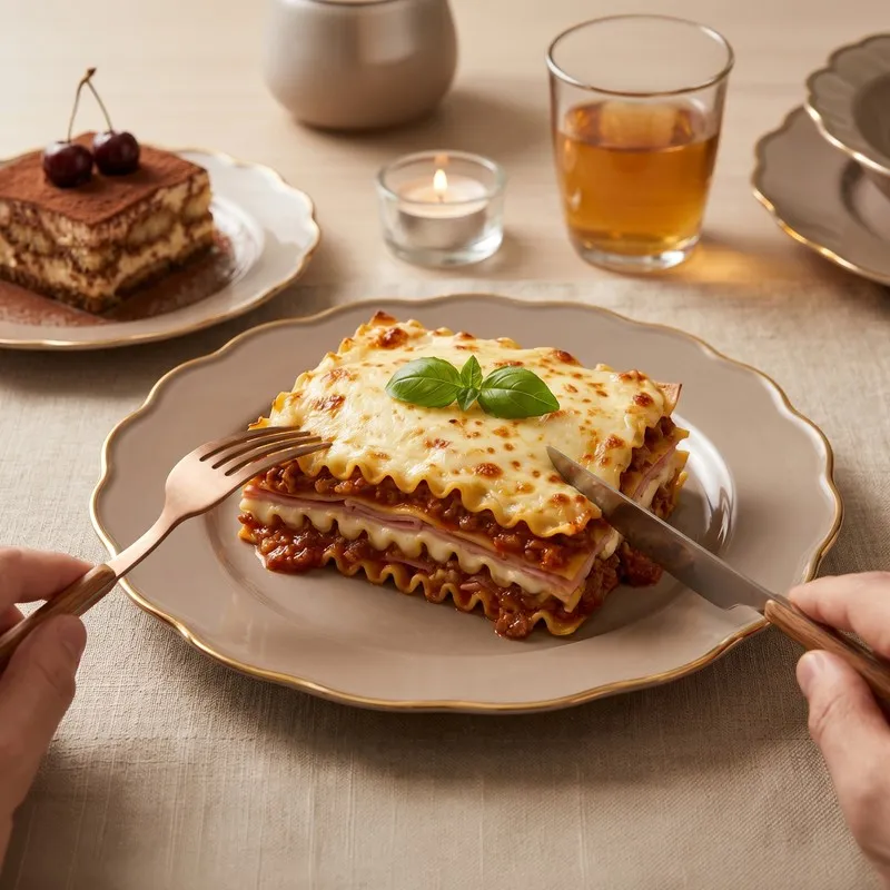 Scalloped thunder grey plate with gold rim holding a serving of lasagne