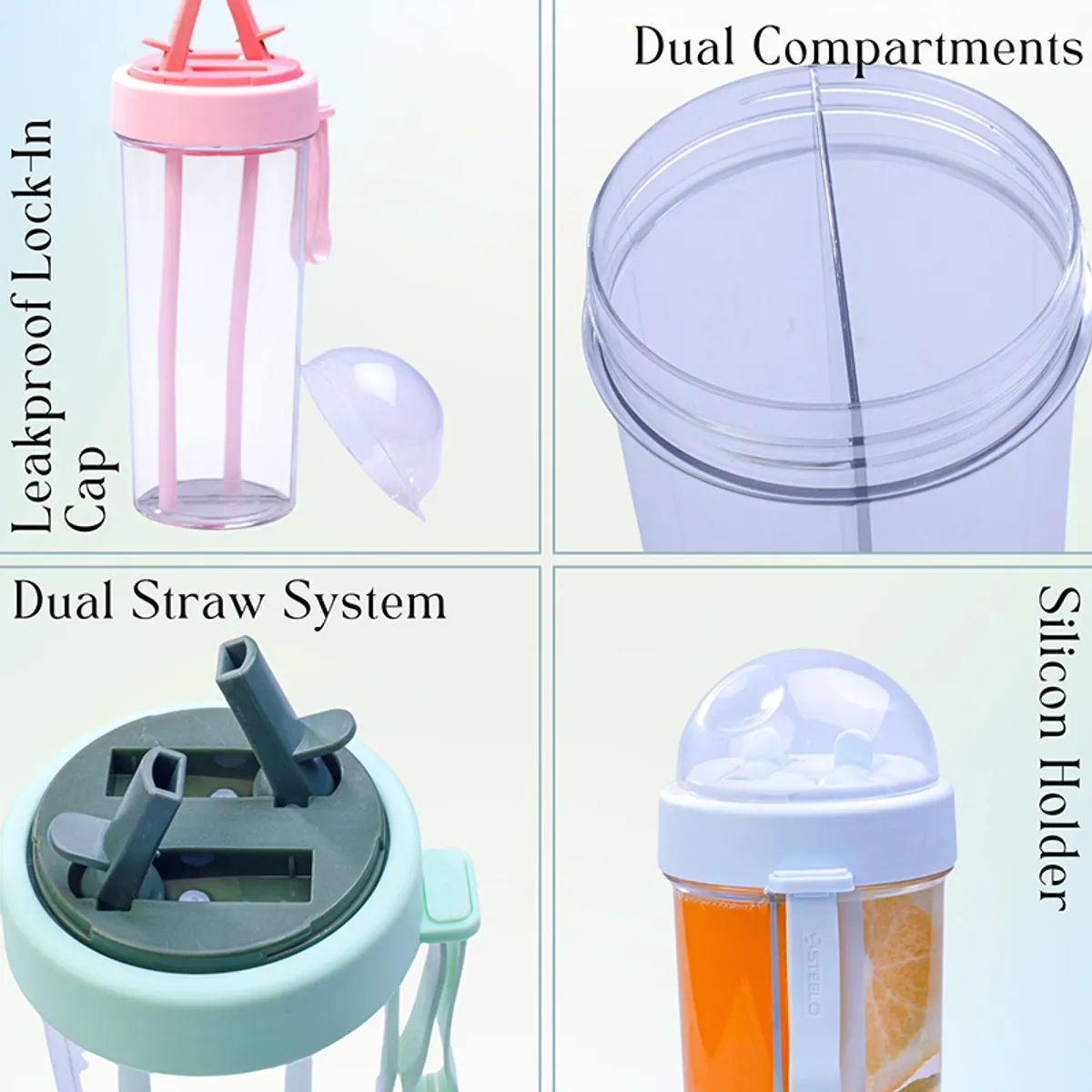 Collage showing bottle details including dual compartments and dual straw top