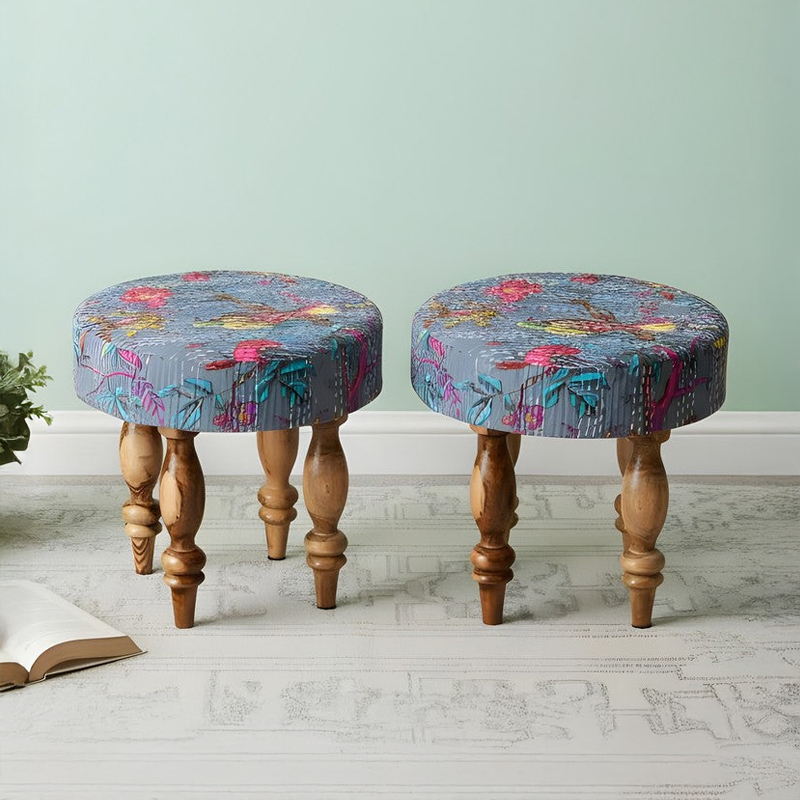 Qexon Sheesham Wooden Stools (Grey) - Set Of Two