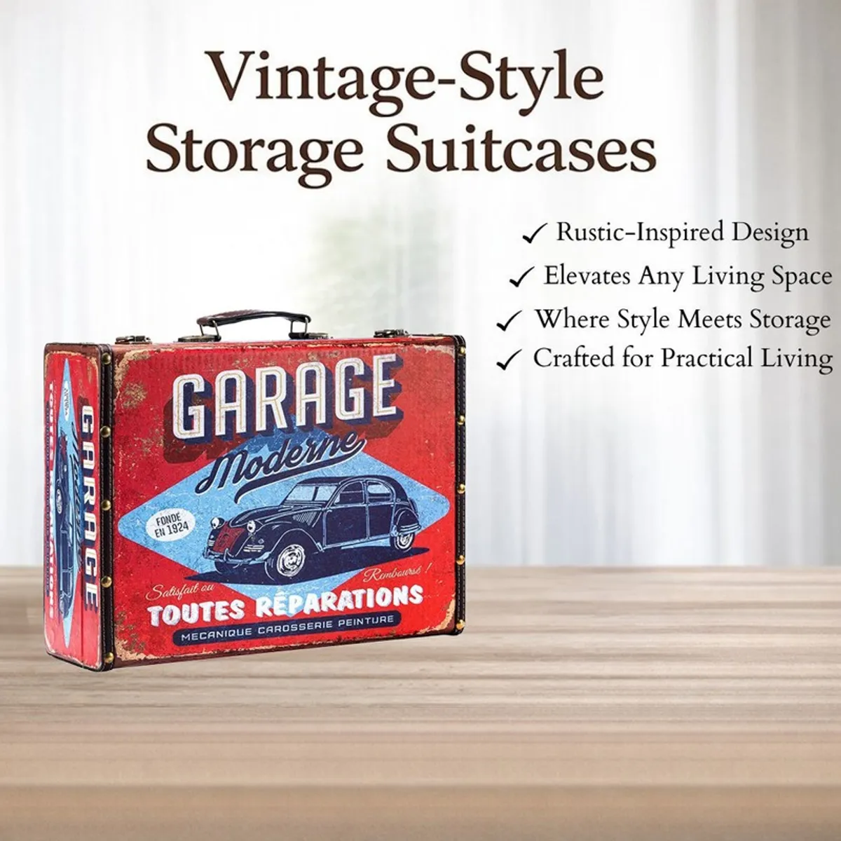 Red vintage storage trunk styled on a table in a bright living space