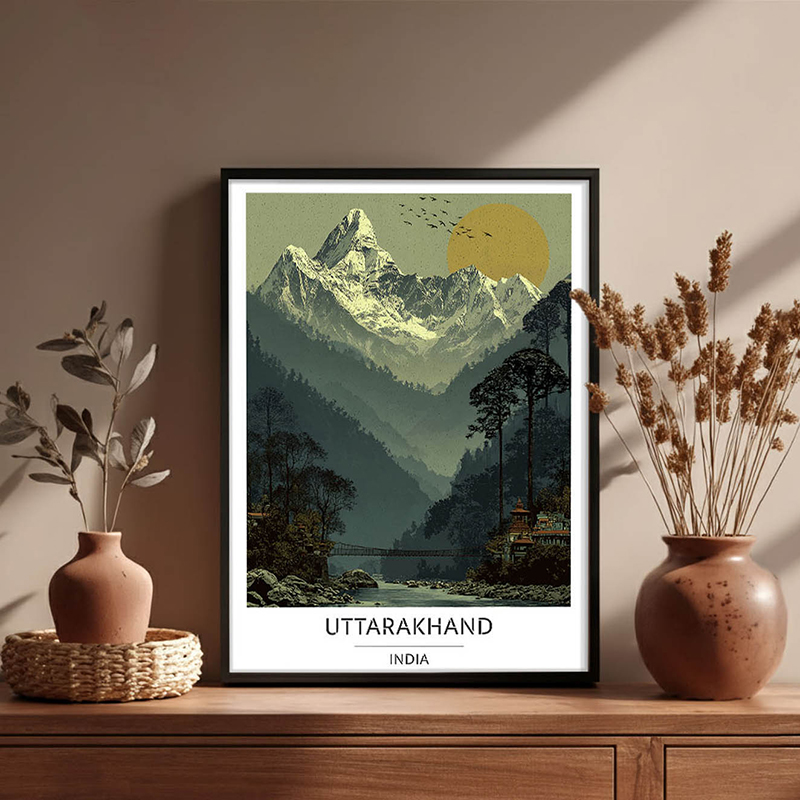 Golden Horizon of Uttarakhand Wall Art With Black Frame - Small