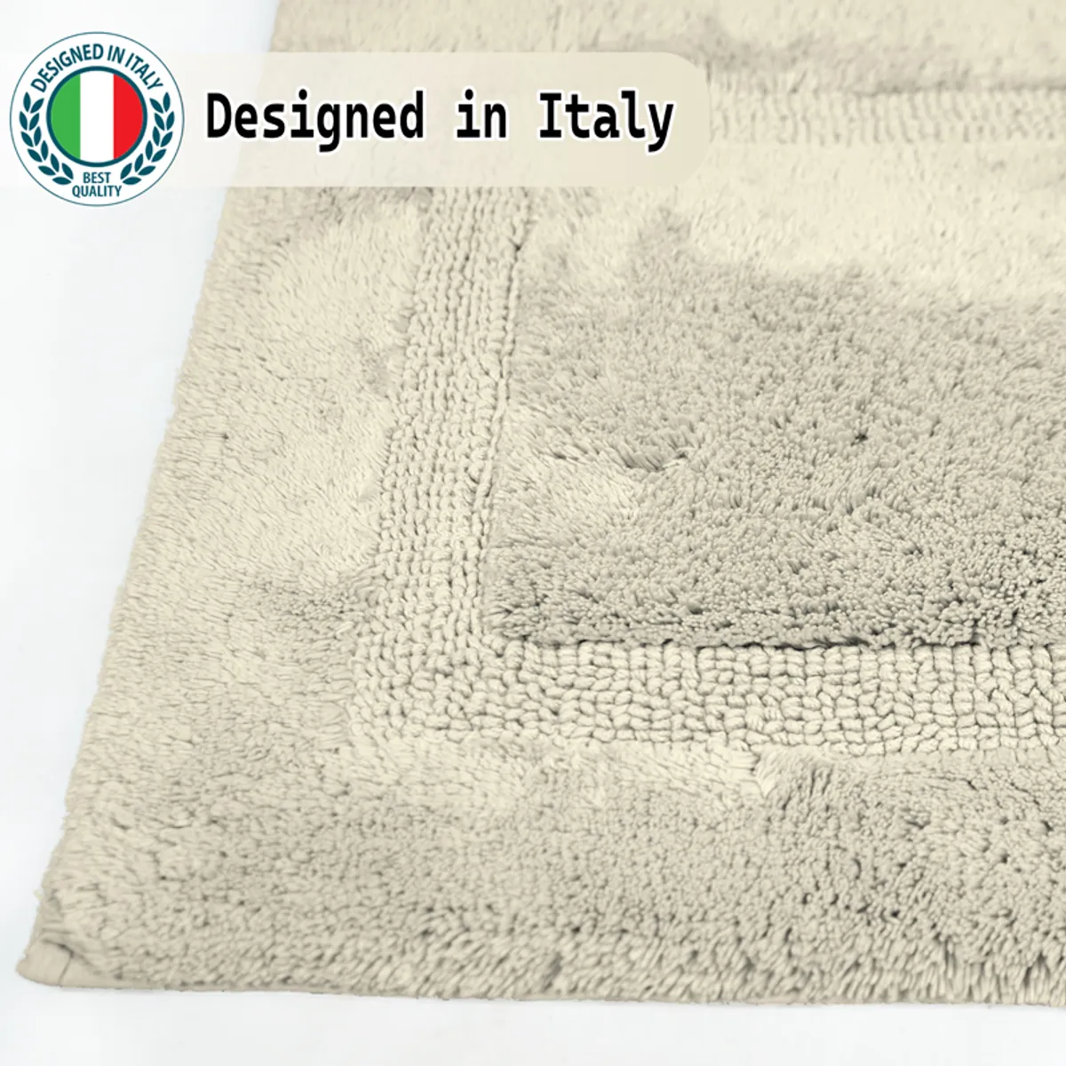 Close-up of the bath mat's soft textured surface and geometric border.