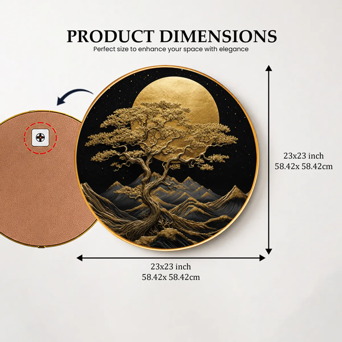 Round wall art shown with dimension arrows and back hanging detail