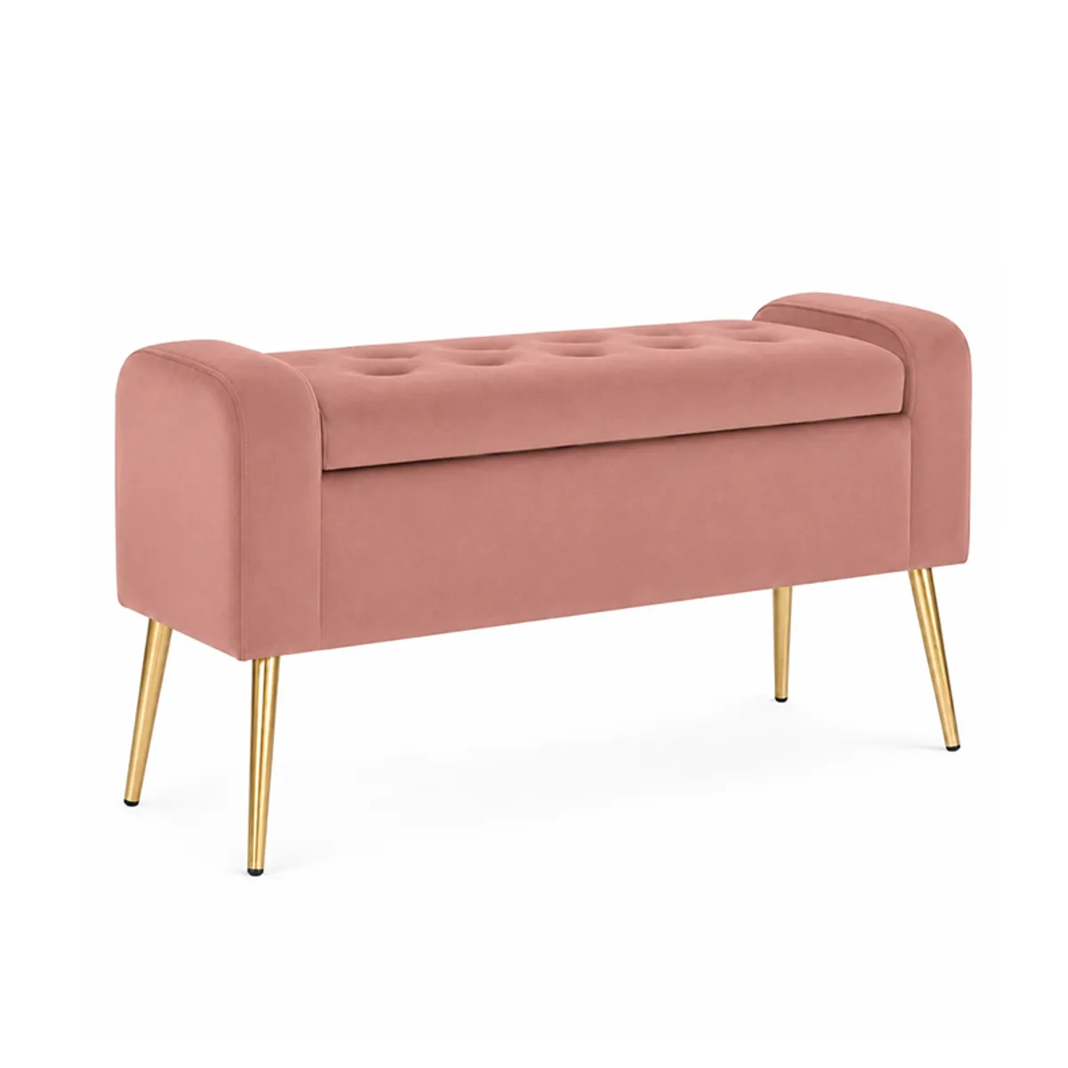 Angled view of a pink velvet bench with rounded arms and gold legs