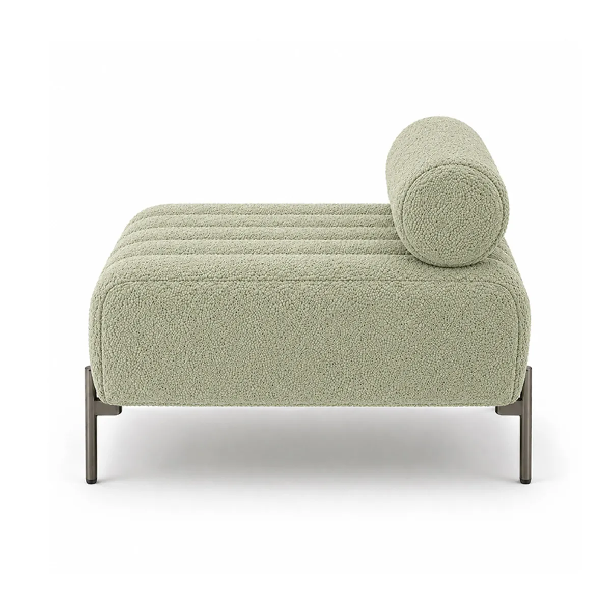 Rear view of the sage green upholstered bench with black metal legs