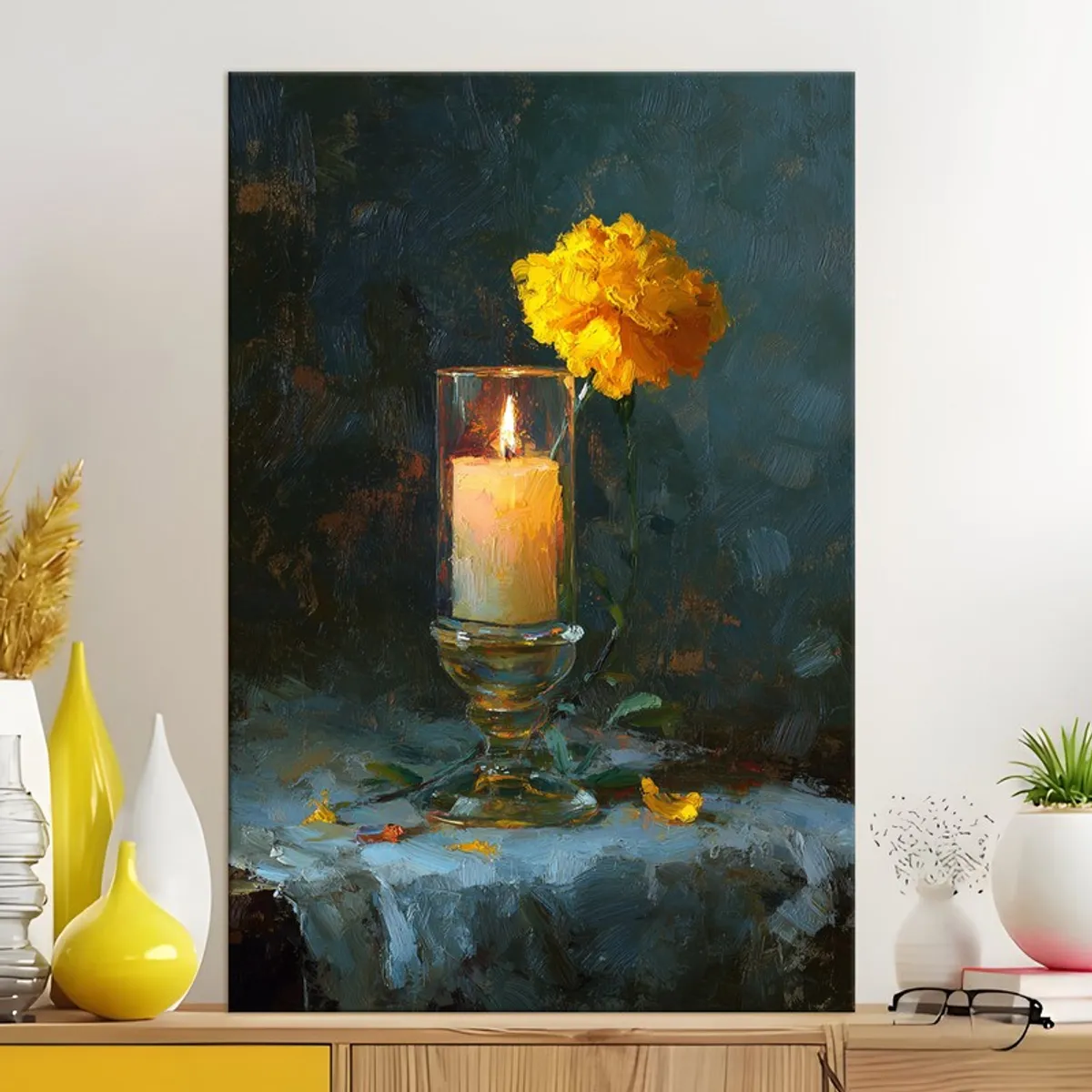 Large rectangular canvas painting of a candle in glass with yellow flower above