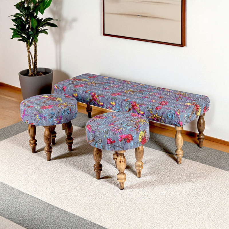 Averon Sheesham Wooden Stools (Grey) - Three Piece Set