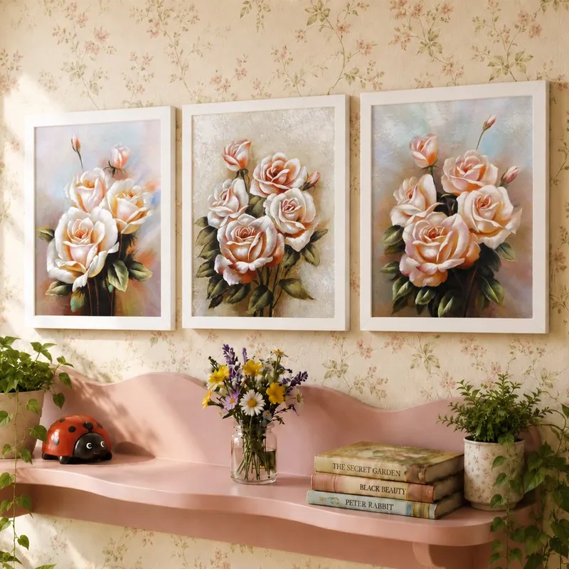 Framed rose bouquet wall art set of three styled above a pink shelf