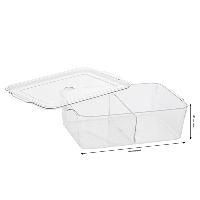 Clear fridge organiser shown open with its lid lifted