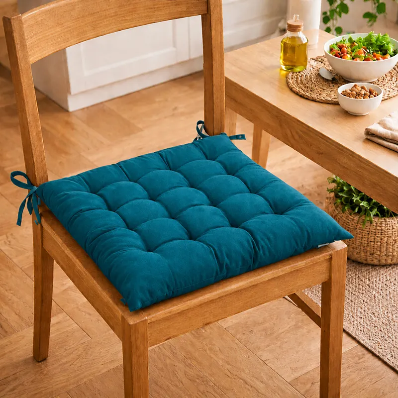 Single botanical green tufted chair pad tied onto a wooden dining chair