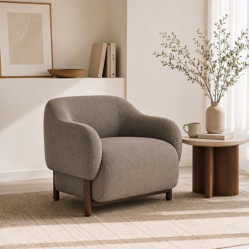 Silhouette Teak Wood & Suede Accent Chair - Grey