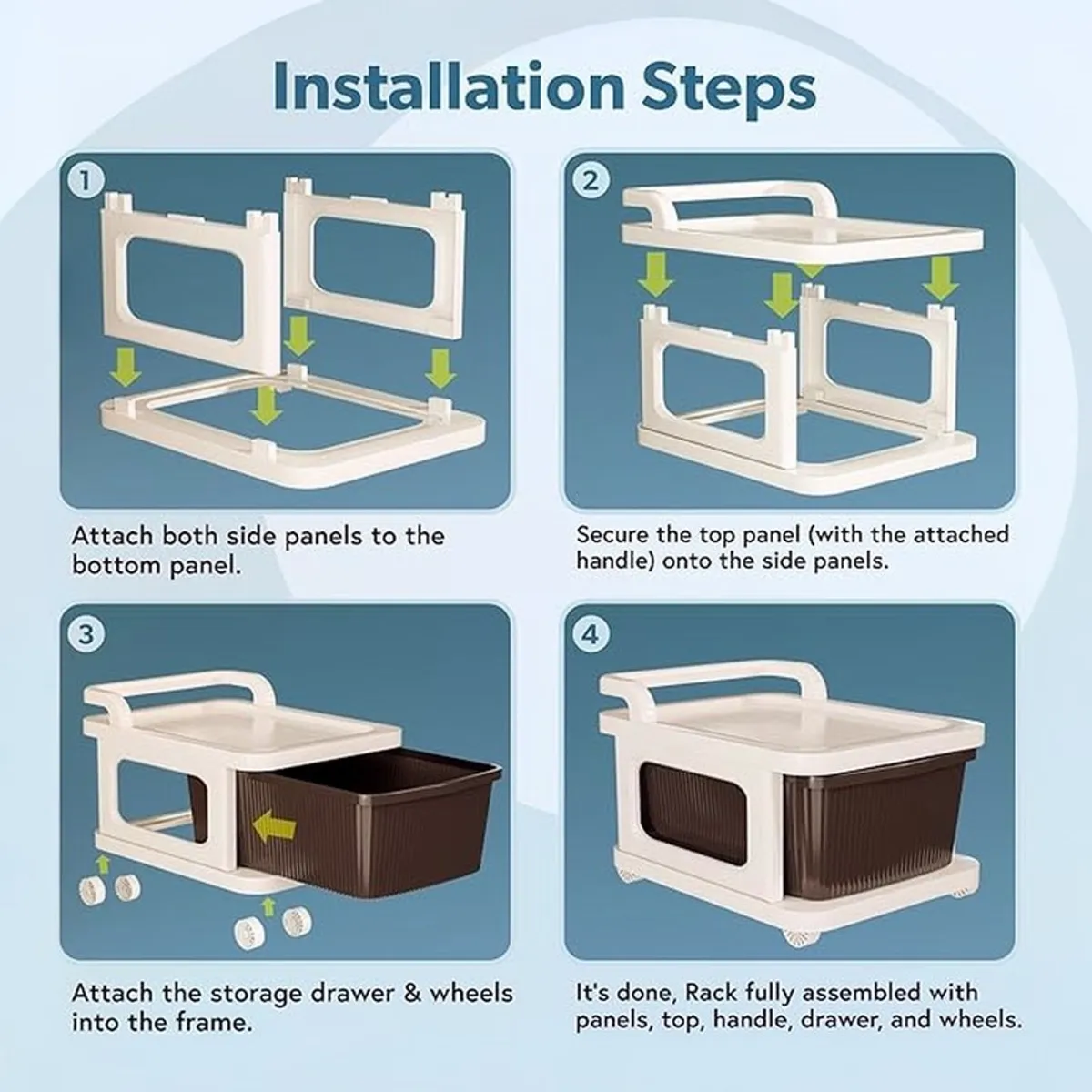 Illustrated assembly sequence showing panels, drawers, top and wheels