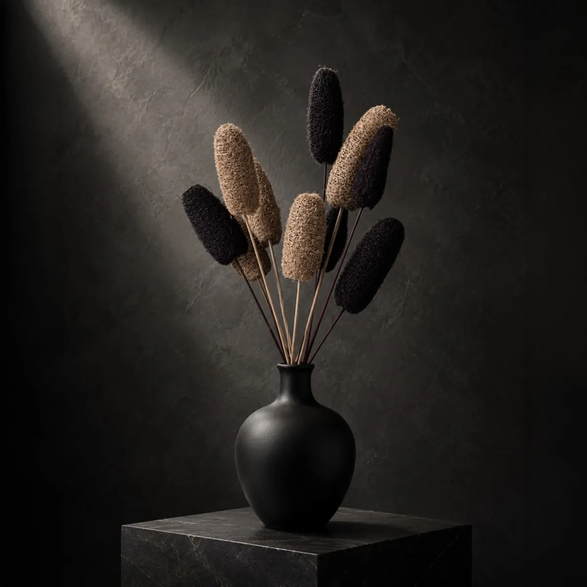Black and beige dried luffah stems displayed in a matte black vase