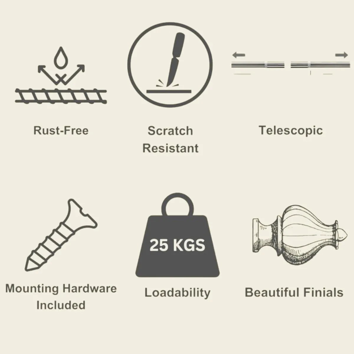 Feature icons for a curtain rod on a beige background