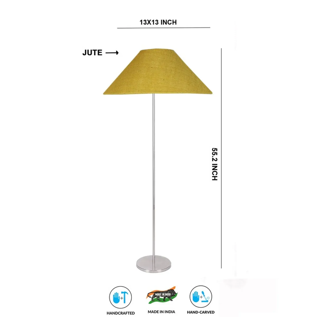 Yellow jute floor lamp on a white background with round steel base