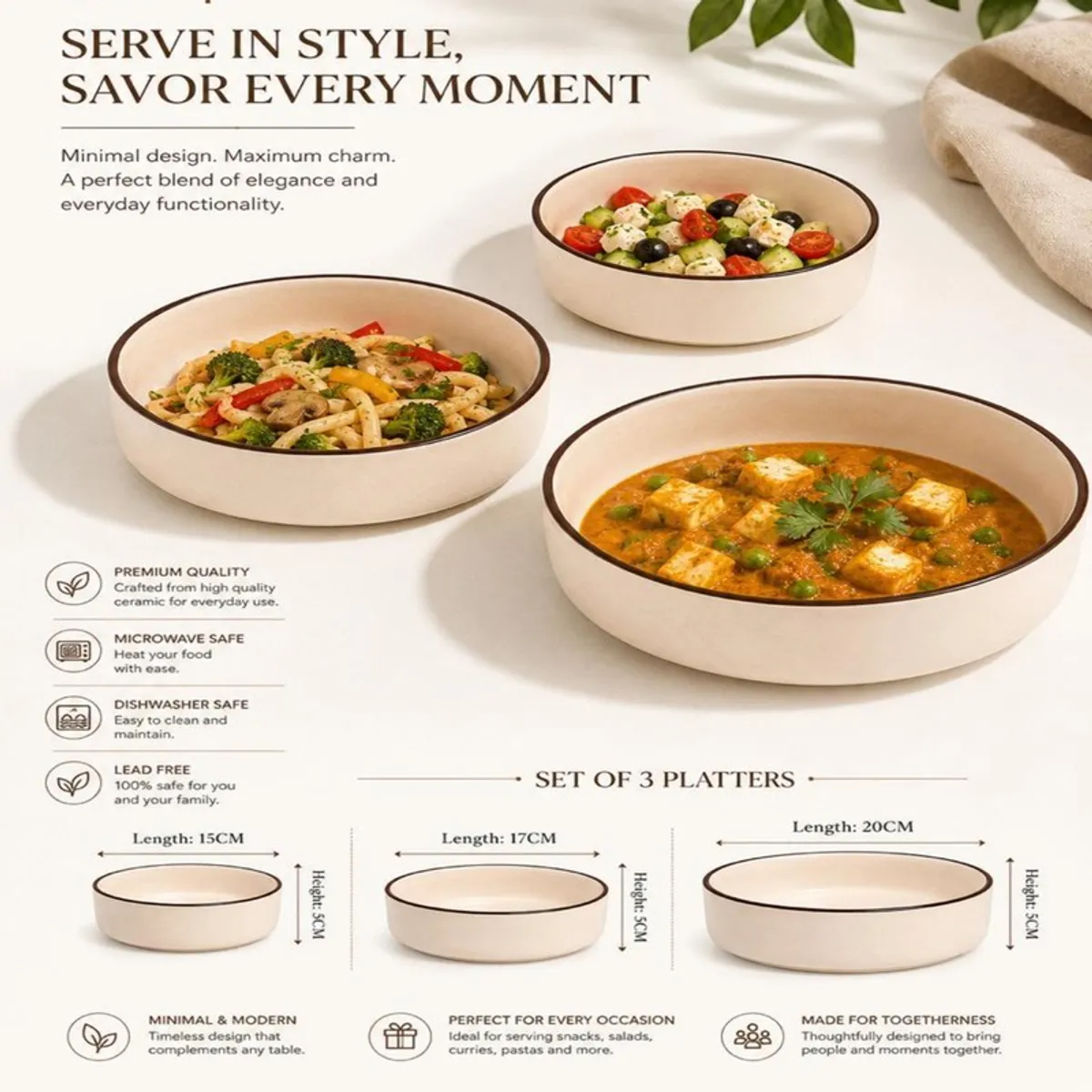 Three off-white serving bowls filled with salad, pasta and curry