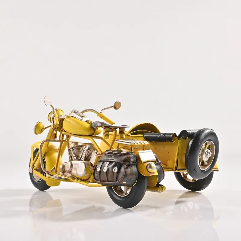Rear angled view of yellow motorcycle sidecar showpiece