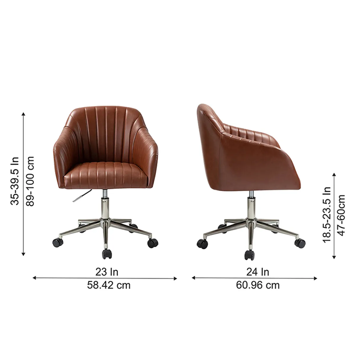 Brown office chair dimensions shown with front and side views