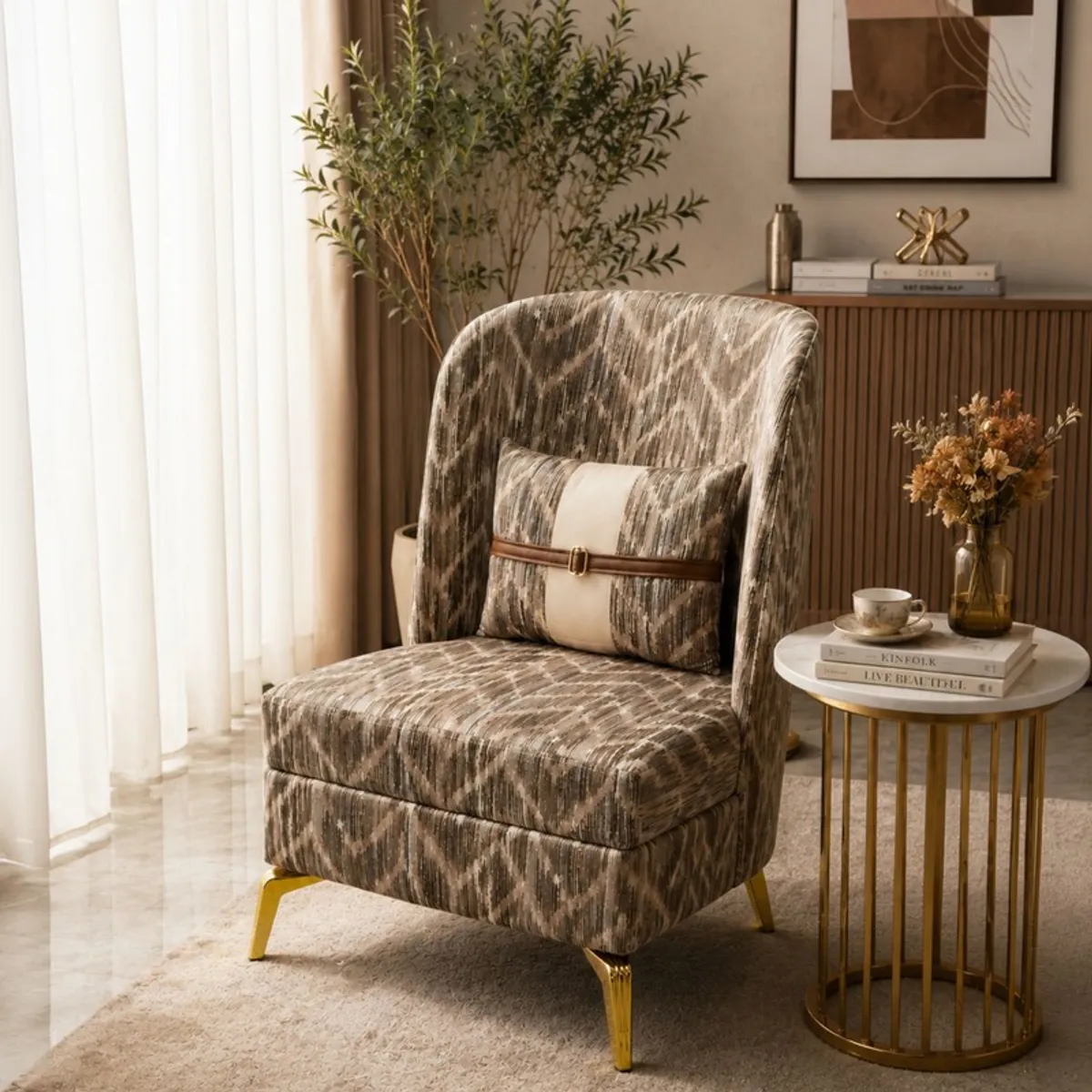 Angled view of a brown and white patterned accent chair in a warm room